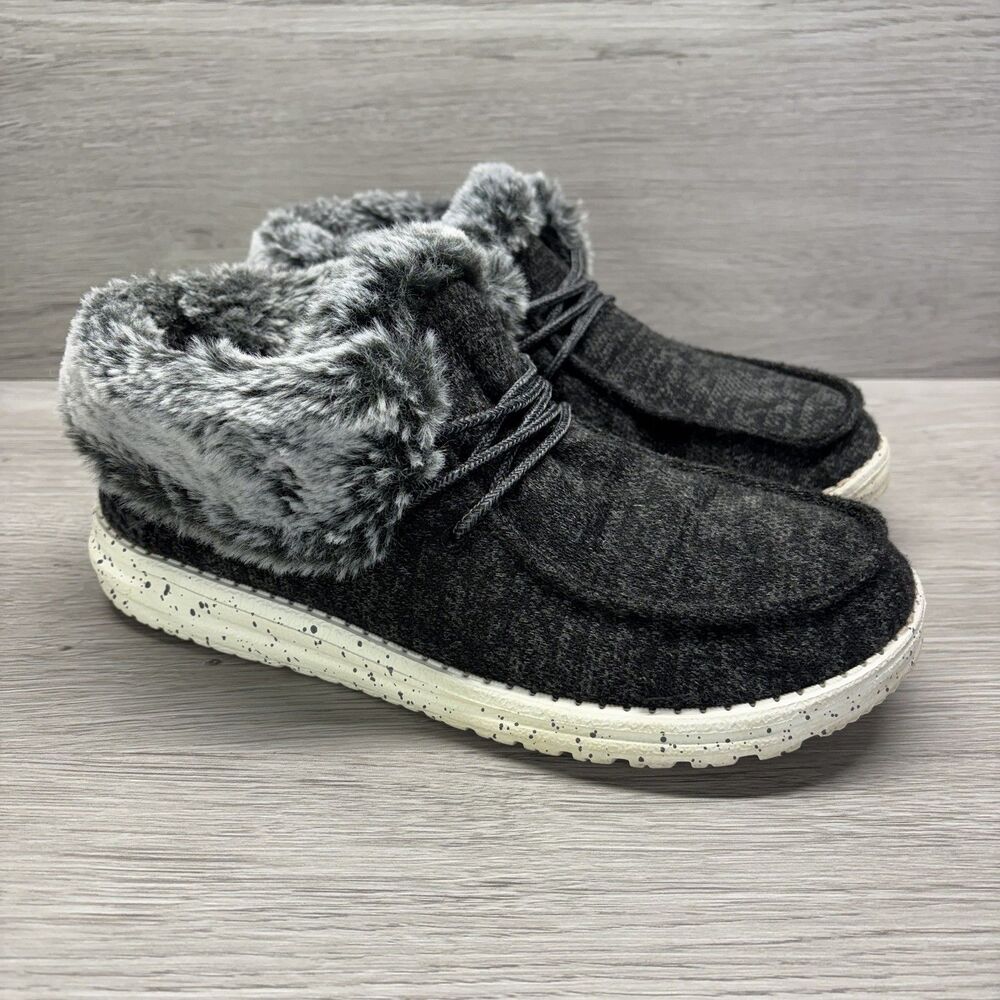 Hey Dudes Britt Dark Charcoal Slip On Bootie Womens Size 8 Faux Fur Lined comfy